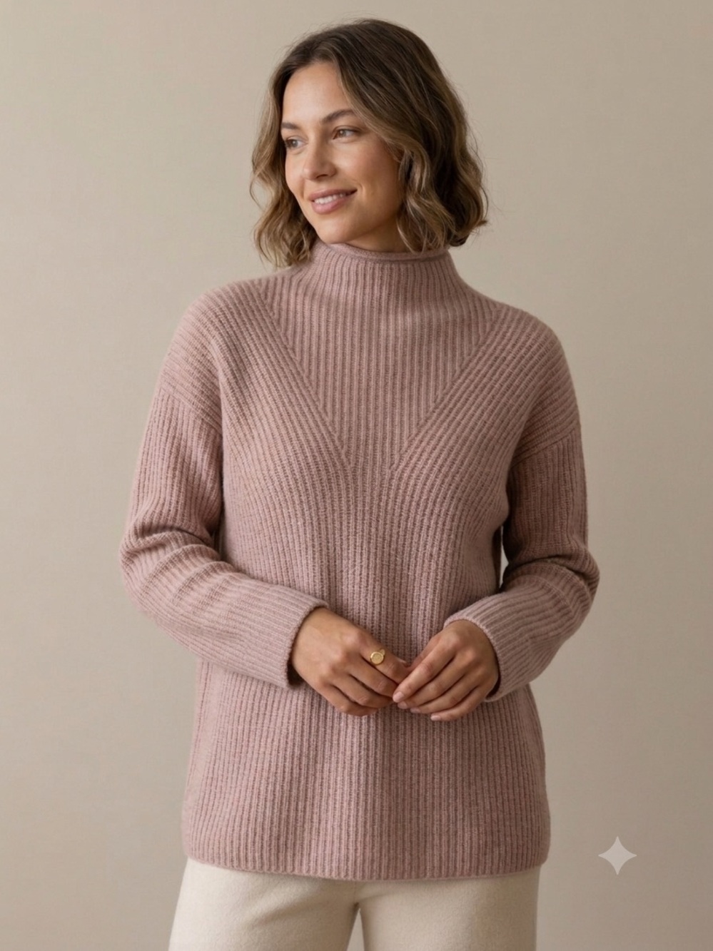 The Cashmere Project Neutral Pink Rib Knit Mock Neck Cashmere Sweater Medium